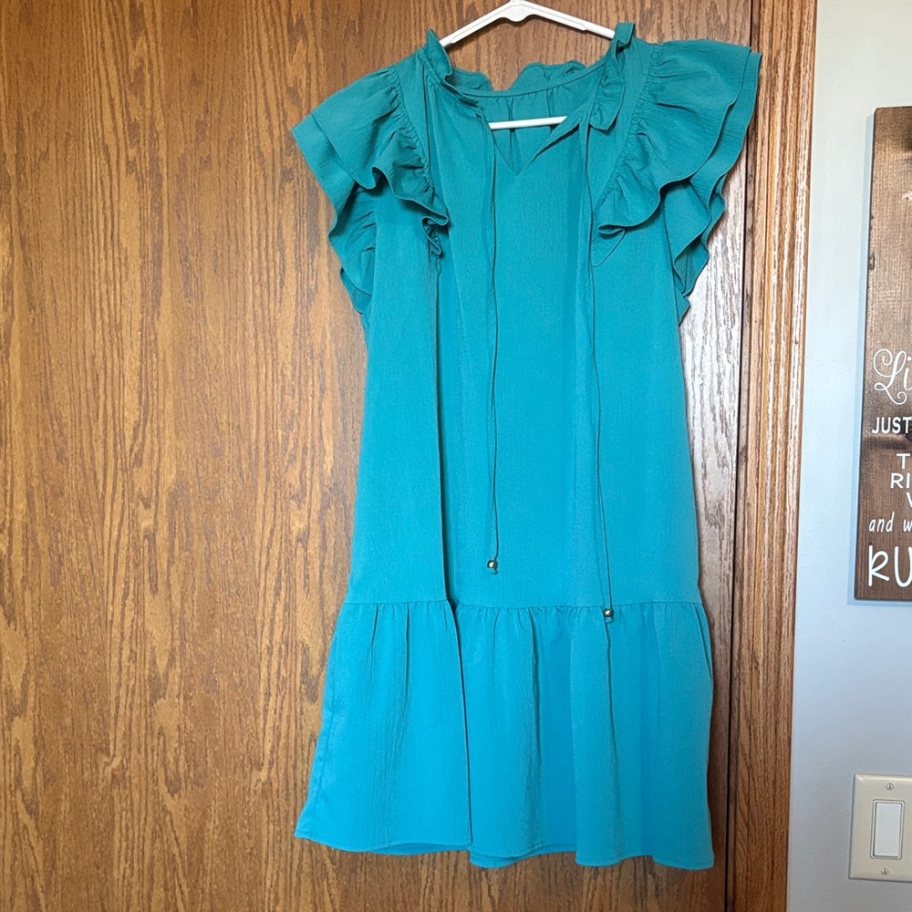 Teal Ruffle Sleeve Dress